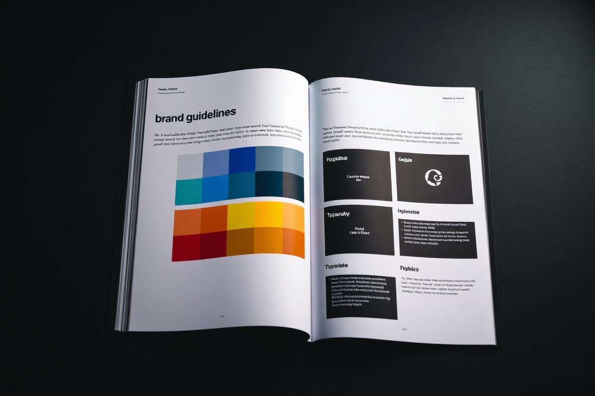 Brand guidelines document showing colour palette and typography hierarchy