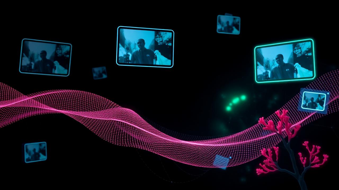 Abstract visualisation of AI-assisted content production with floating video frames and neural network lines
