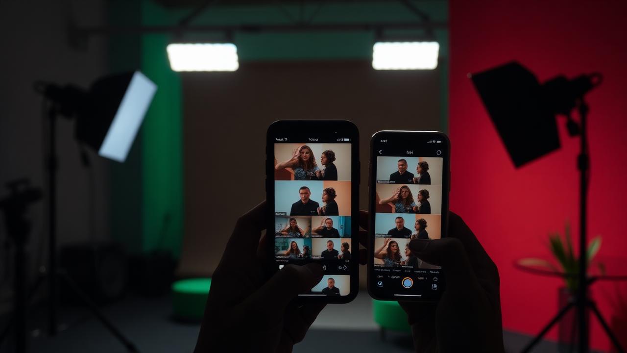 Short-form vertical video content being filmed and reviewed on phones in a studio