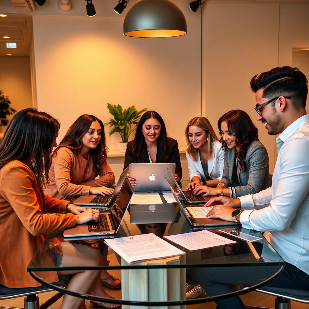 Creator management team reviewing content calendars, brand partnerships and audience analytics in a modern office
