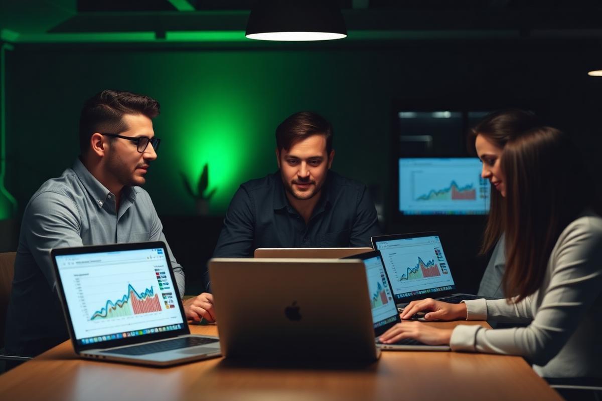 Team reviewing marketing performance dashboards and growth charts on laptops