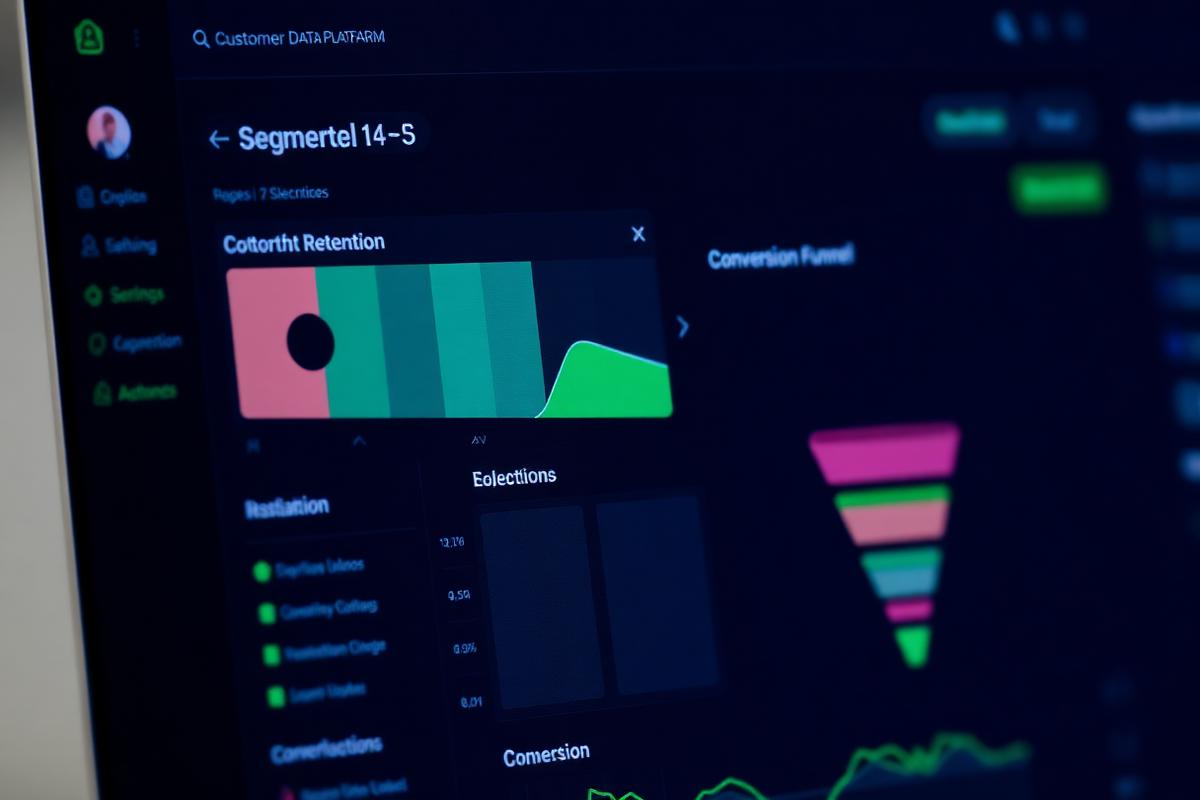 Customer data platform showing audience segmentation, cohort retention and a conversion funnel