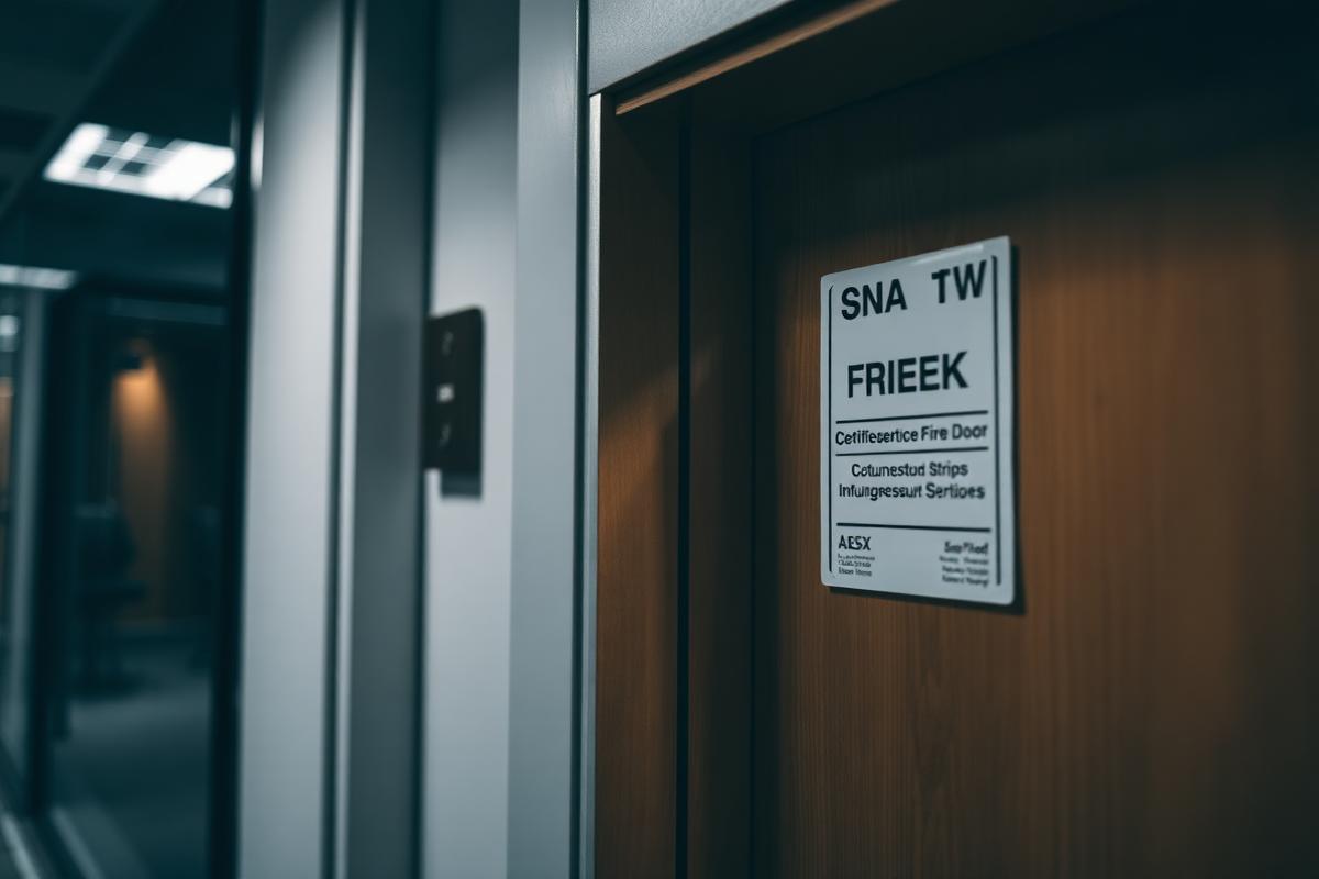 Certified fire door with accreditation label in a UK commercial building