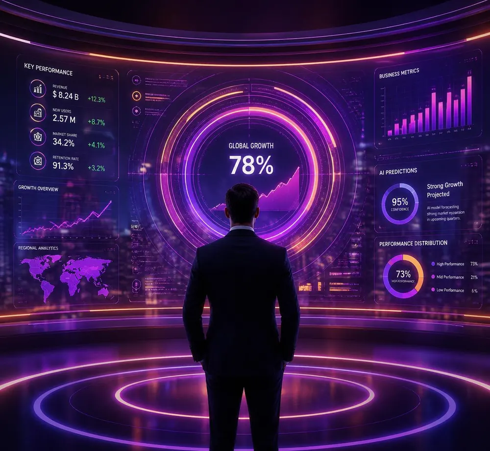 Futuristic digital growth dashboard visualization