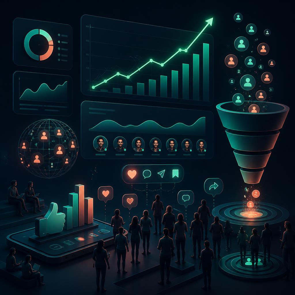 Social media engagement dashboard showing rising followers, comments, shares and conversion funnel