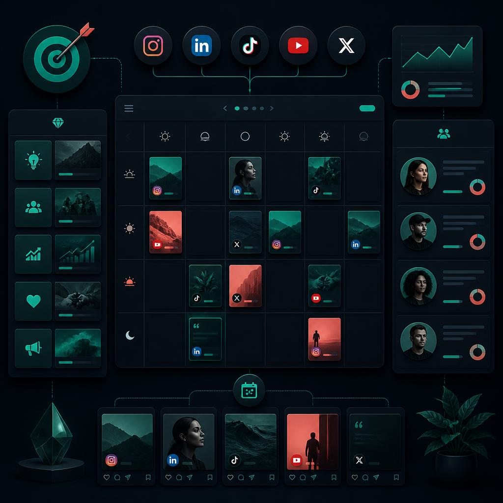 Social media strategy dashboard showing platform selection, content calendar and audience personas