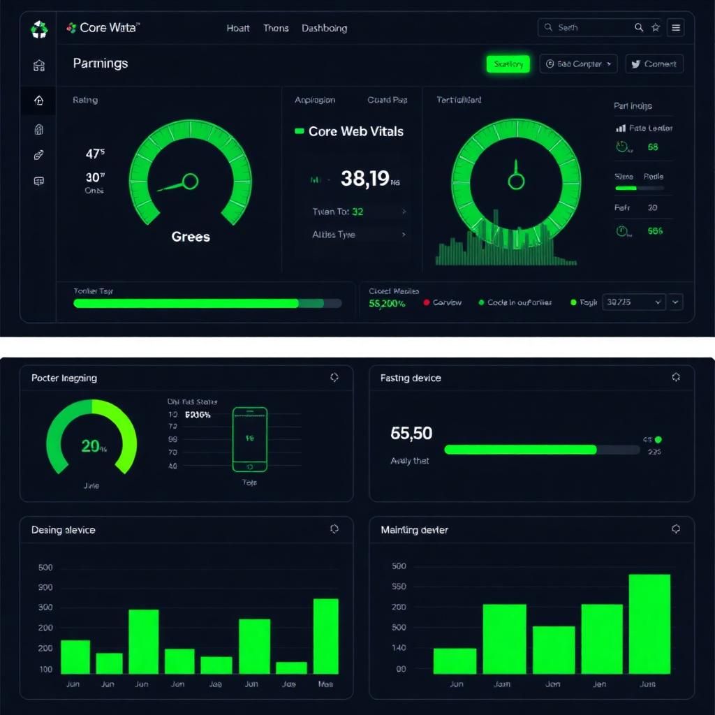 Website performance dashboard showing Core Web Vitals, page speed scores and mobile metrics