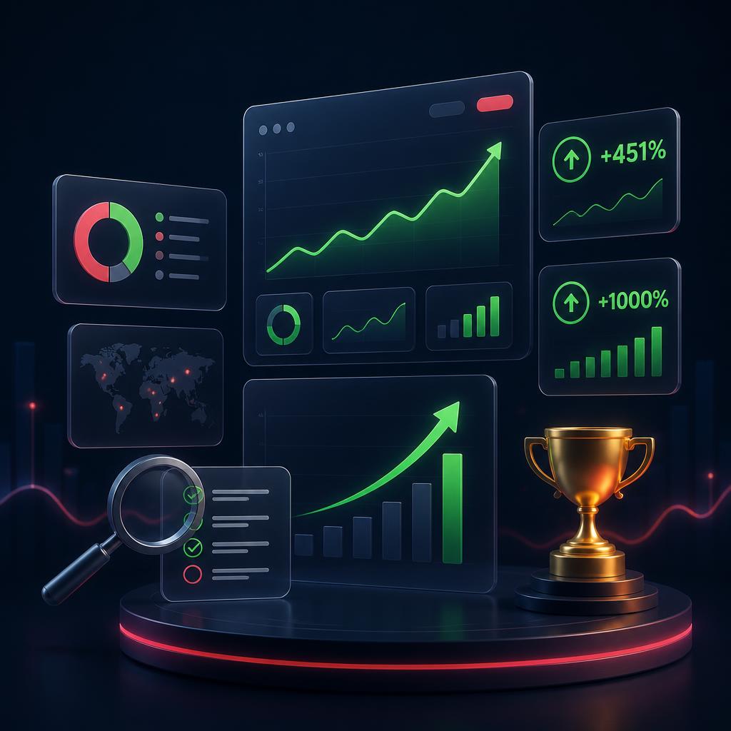 Digital growth dashboard showing measurable client results, upward trends and performance metrics